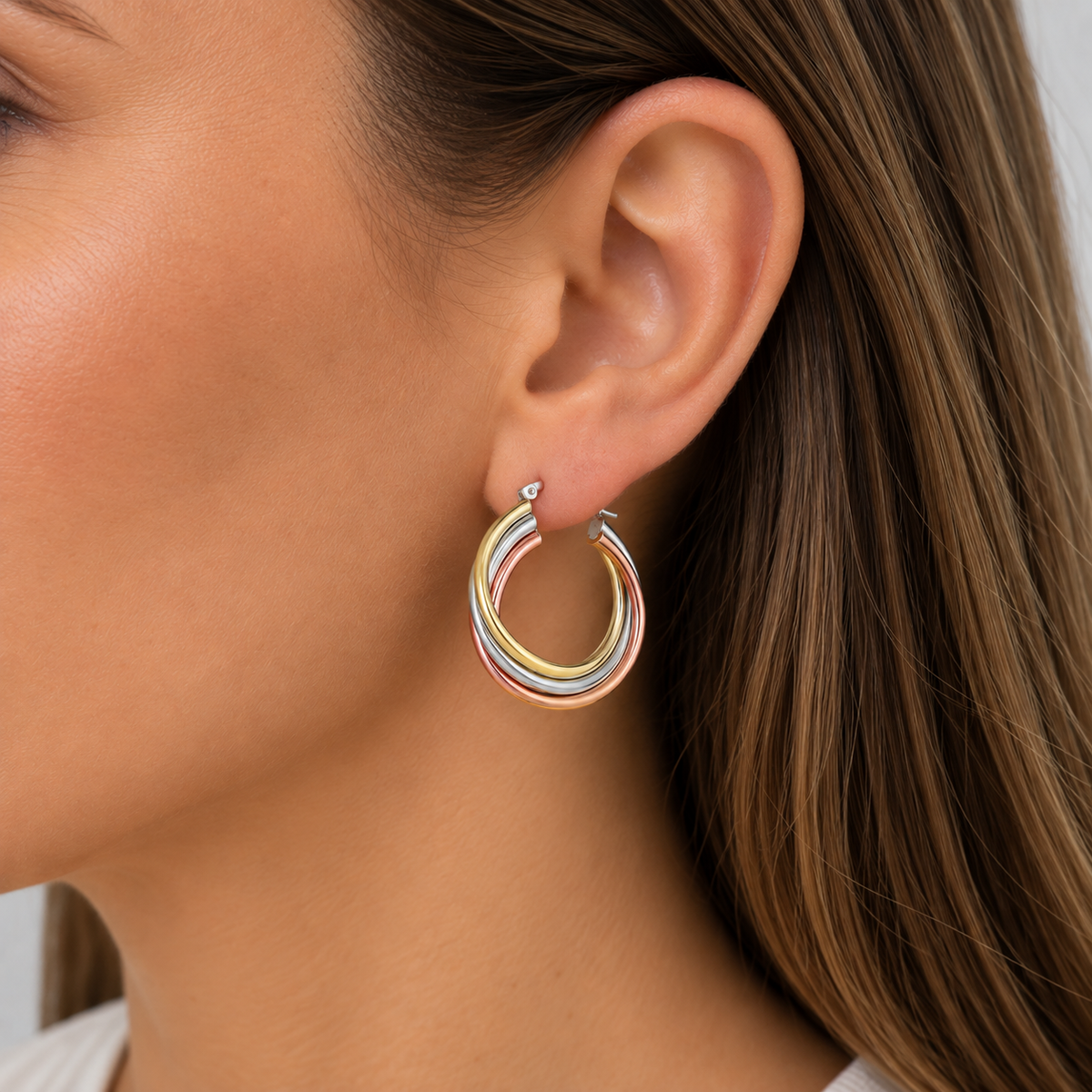 9ct 3 tone 20mm russian hoop earrings