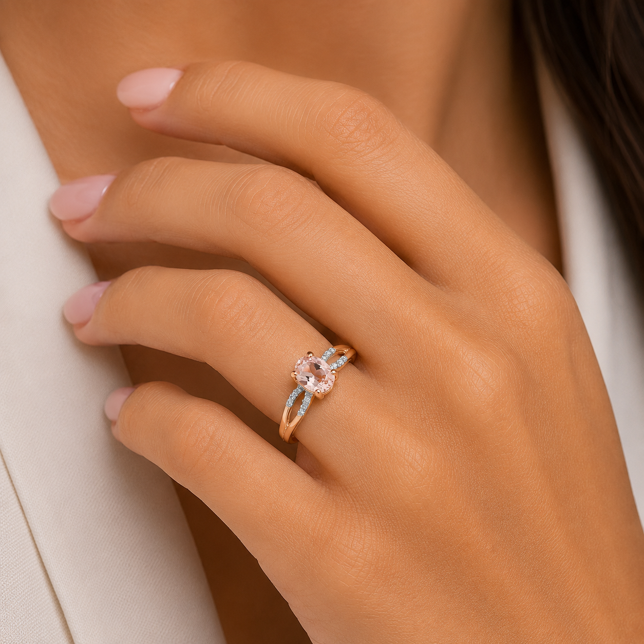 9ct Rose Gold Oval Morganite and Diamond Ring