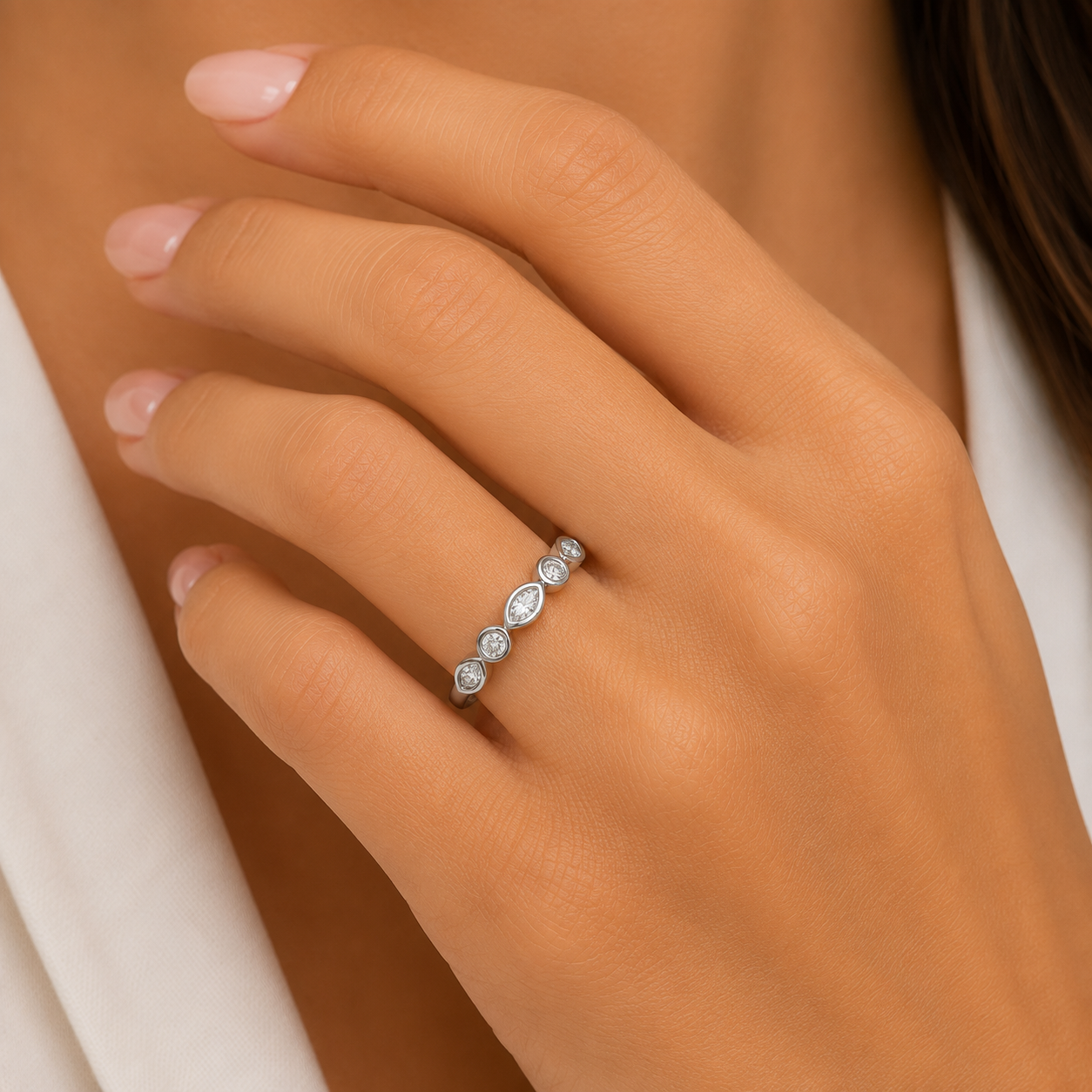 9ct White Gold 0.50ct Bezel Set Round and Marquise Lab Diamond Ring