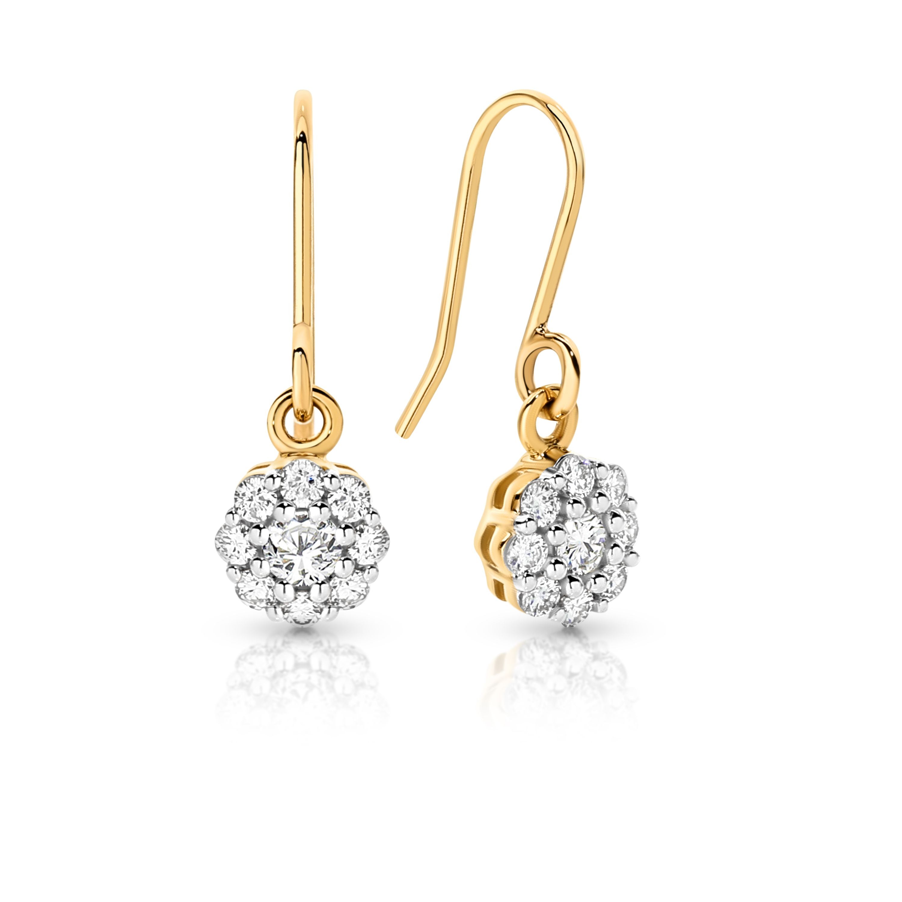 9ct Yellow Gold 0.25ct Diamond Cluster Drop Shephard Hook Earrings