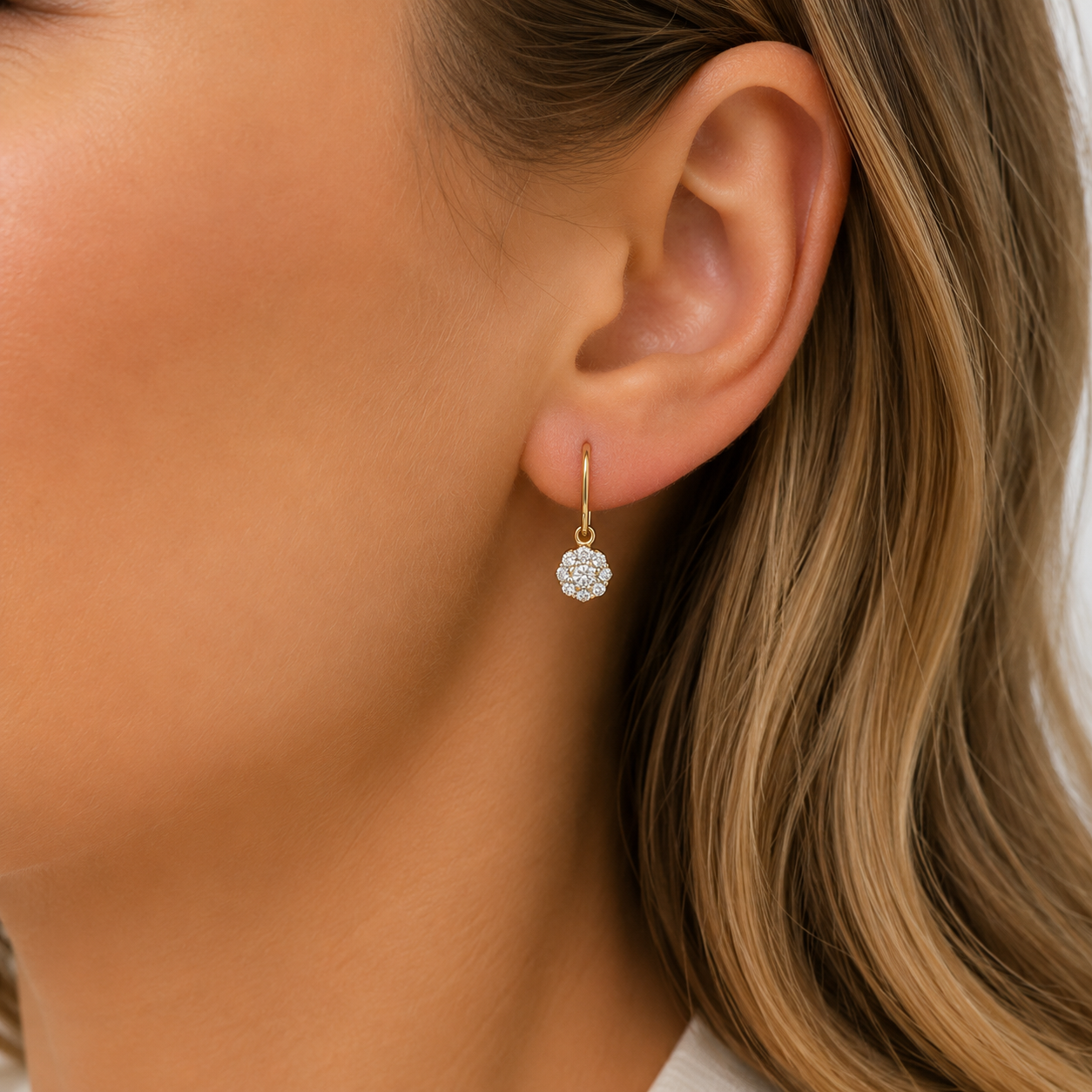 9ct Yellow Gold 0.25ct Diamond Cluster Drop Shephard Hook Earrings