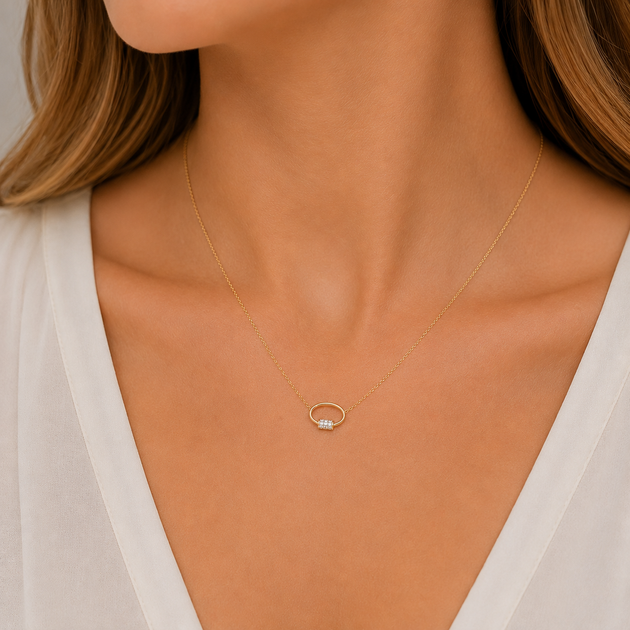 9ct Yellow Gold Necklet with Pave Diamond Barrel Detail