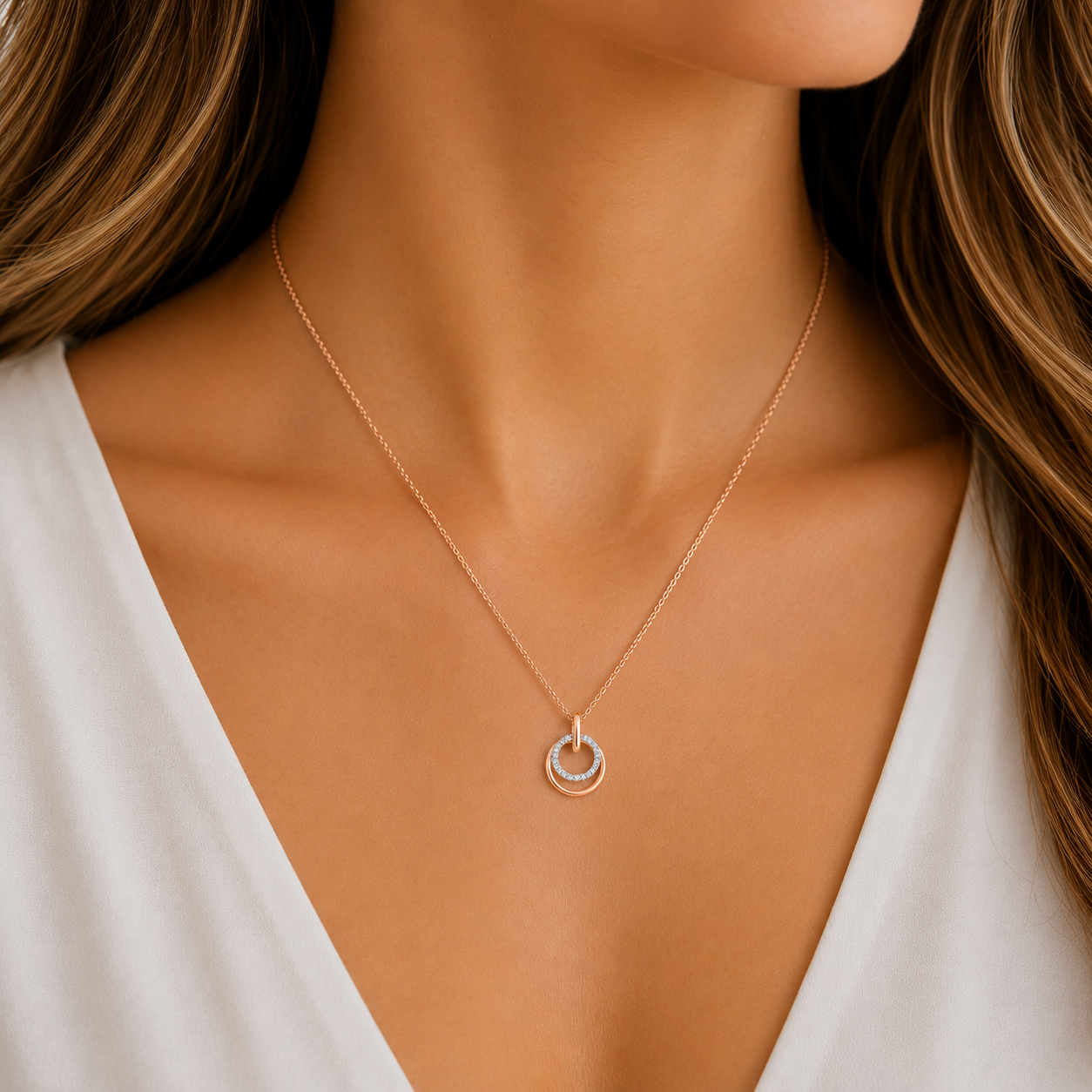 9ct rose gold 0.05ct diamond double circle pendant