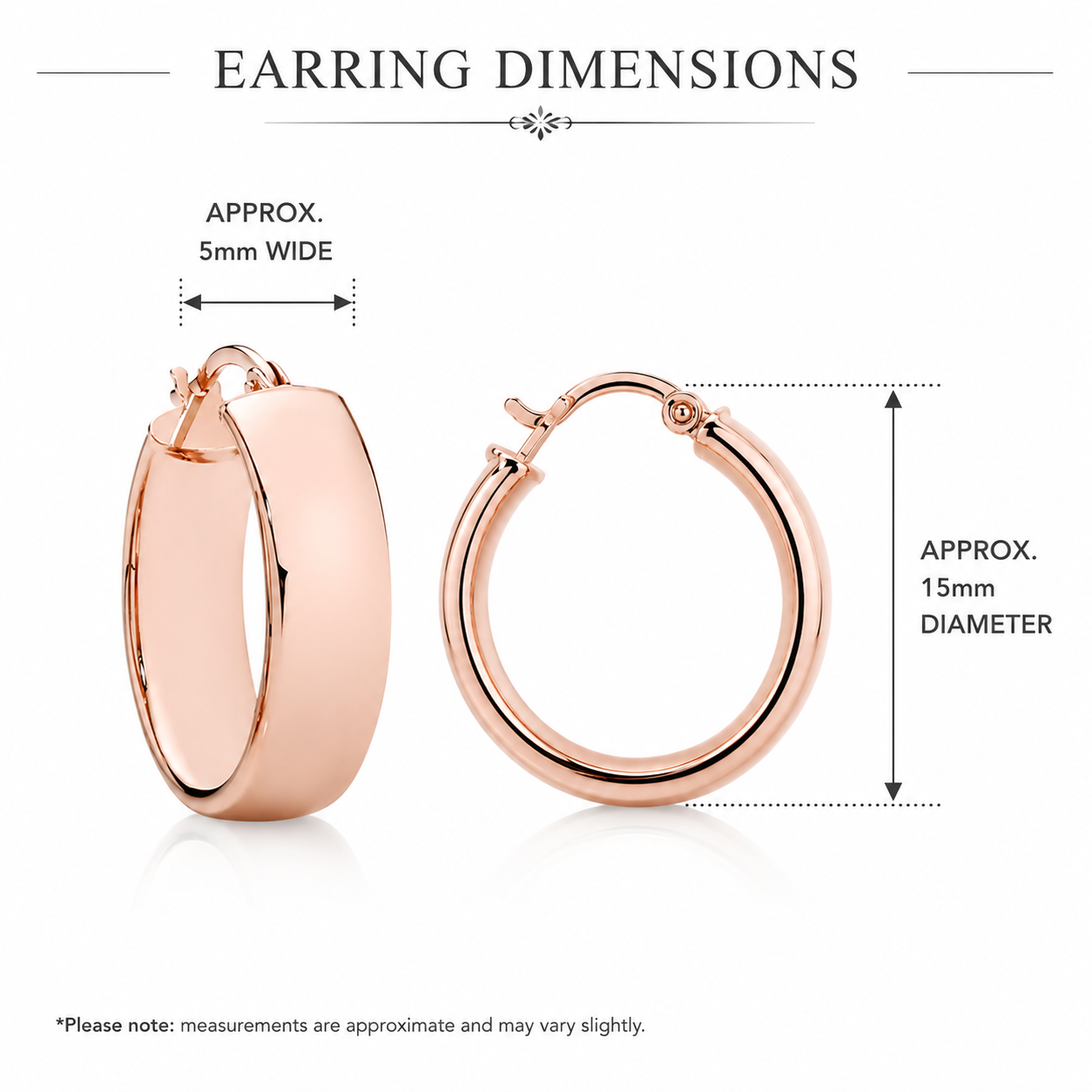 9ct rose gold half round 15mm hoop earrings