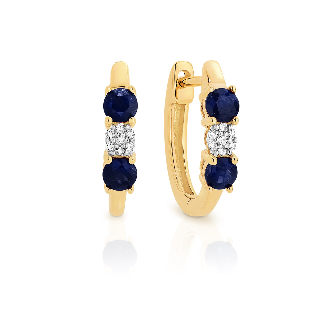 9ct yellow gold blue sapphire & 0.04ct diamond cluster huggie earrings