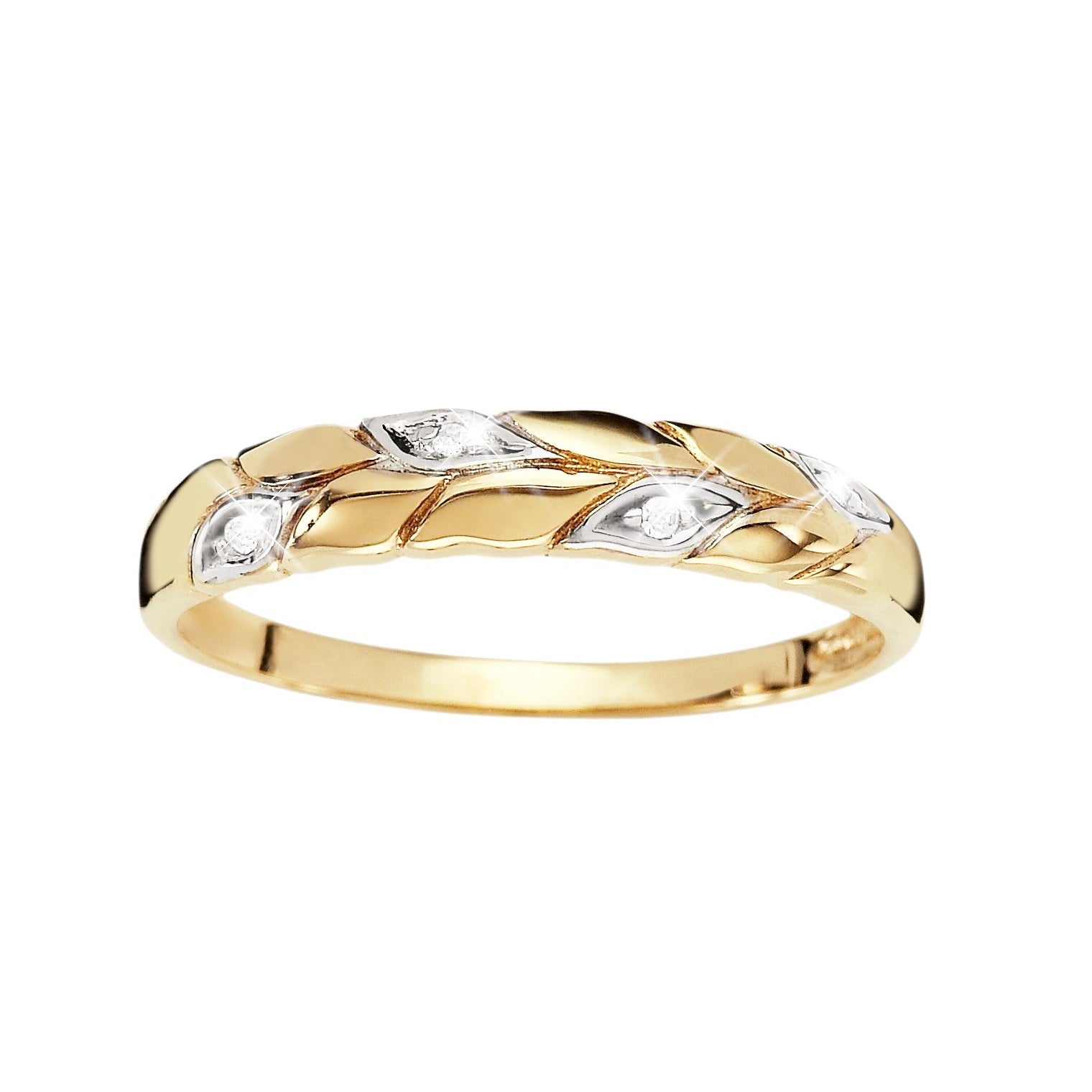 9ct yellow gold diamond leaf pattern ring