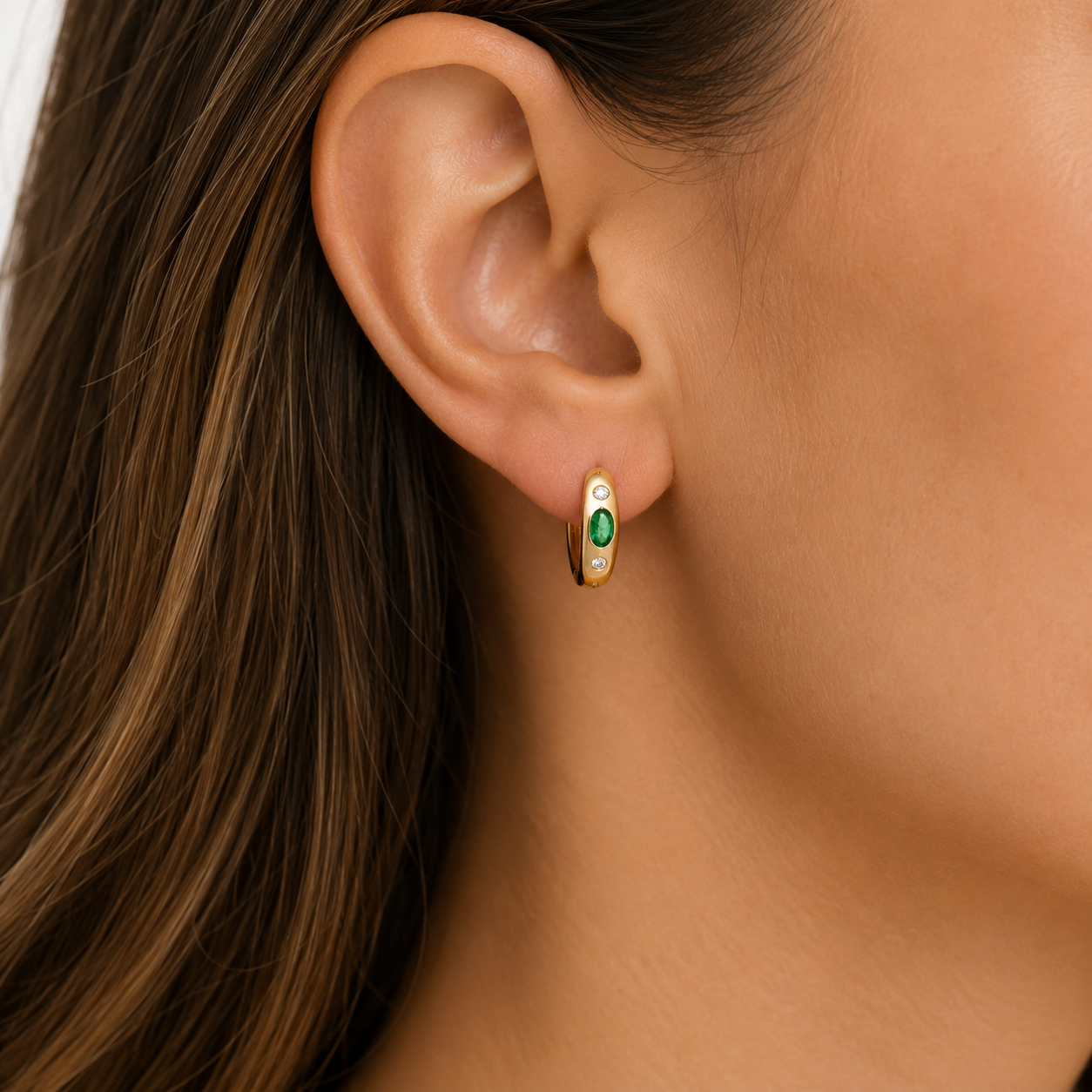 9ct yellow gold emerald & 0.10ct diamond huggies