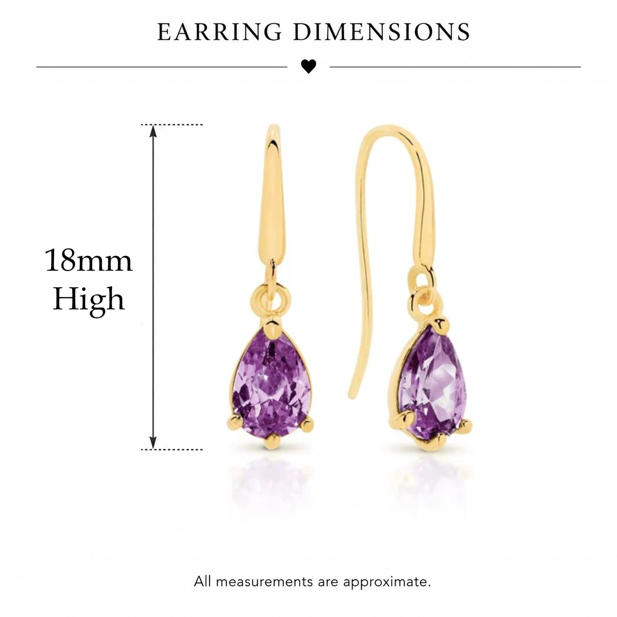 9ct yellow gold pear shaped amethyst coloured cubic zirconia shepard hook earrings