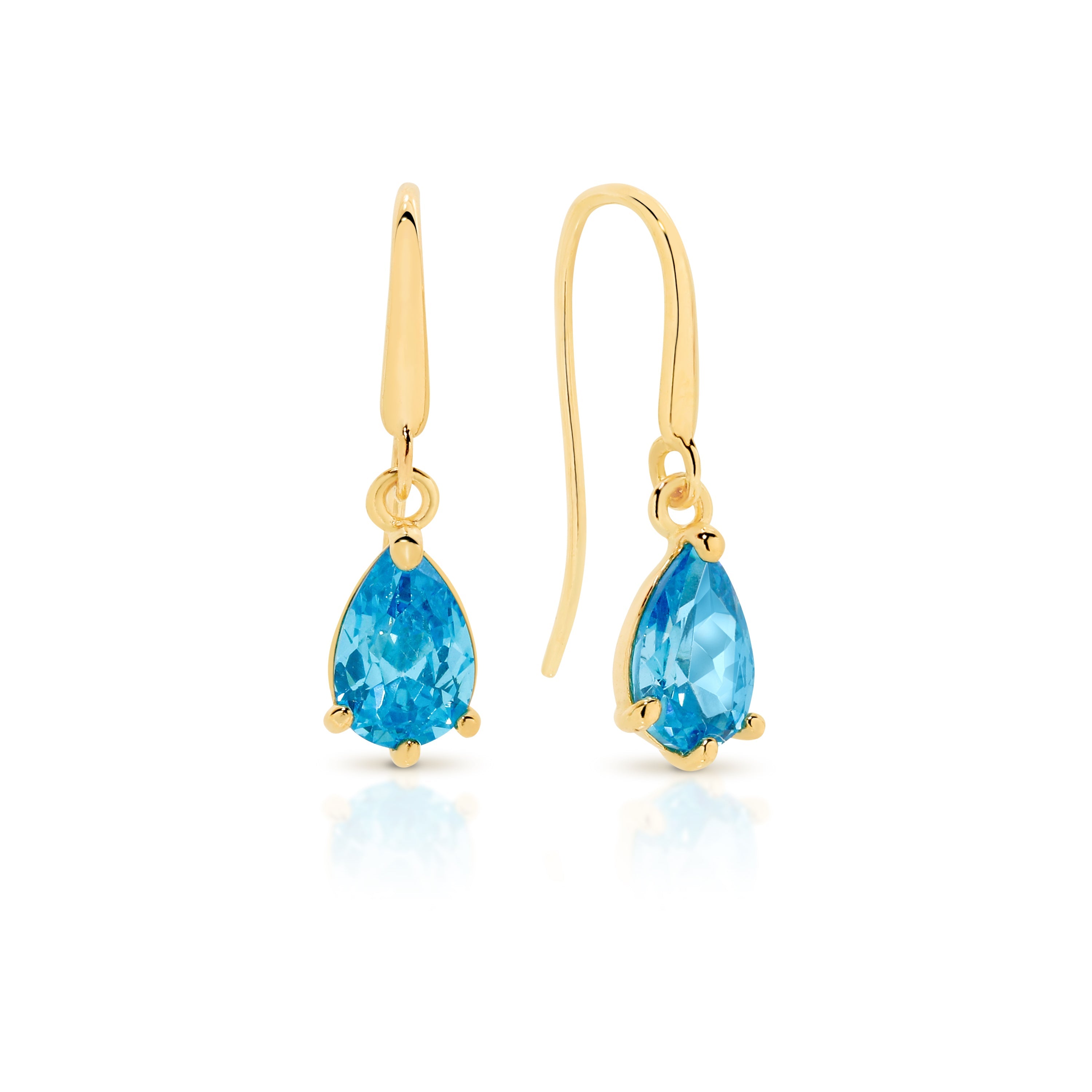 9ct yellow gold pear shaped blue topaz coloured cubic zirconia shepard hook earrings