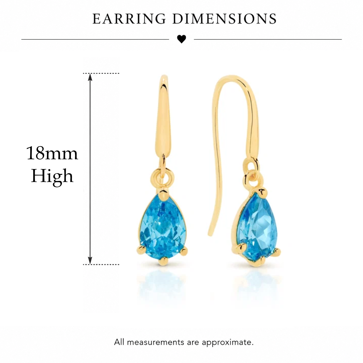 9ct yellow gold pear shaped blue topaz coloured cubic zirconia shepard hook earrings