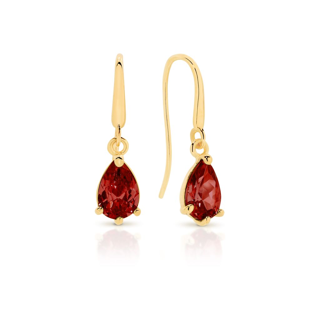 9ct yellow gold pear shaped garnet coloured cubic zirconia shepard hook earrings