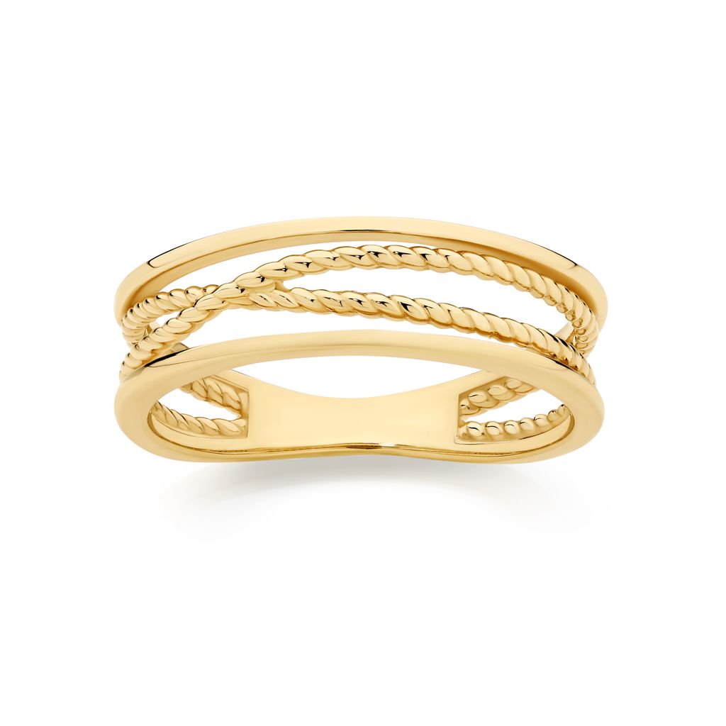 9ct yellow gold polished rope crossover wide band ring