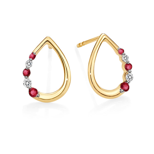 A pair of 9ct gold ruby and diamond stud earrings with an open pear shape.