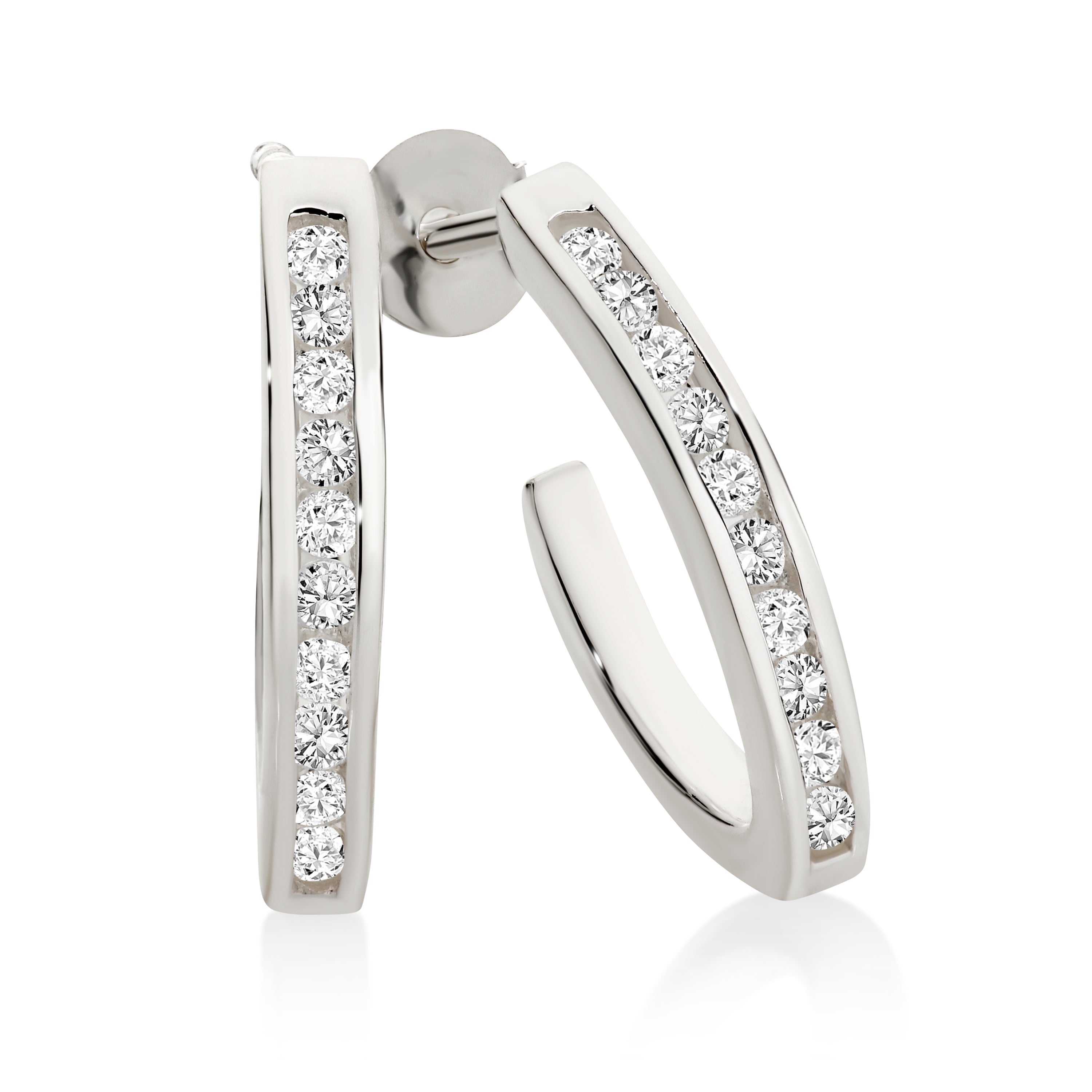 Silver channel set cubic zirconia hoop studs
