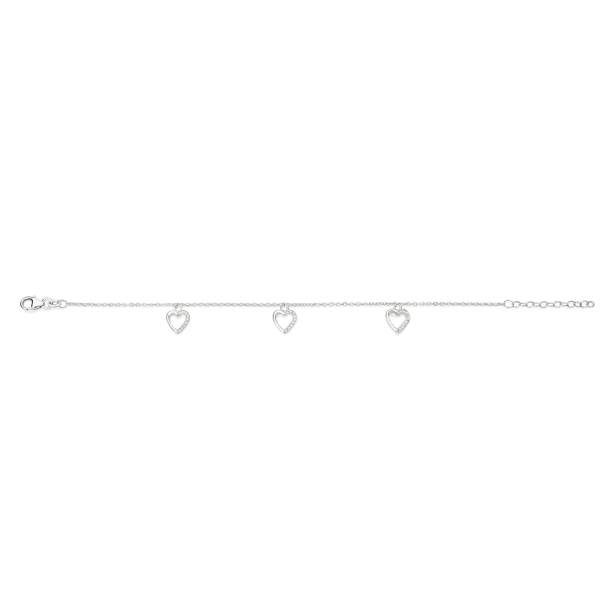 Sterling Silver cubic zirconia open heart charm bracelet