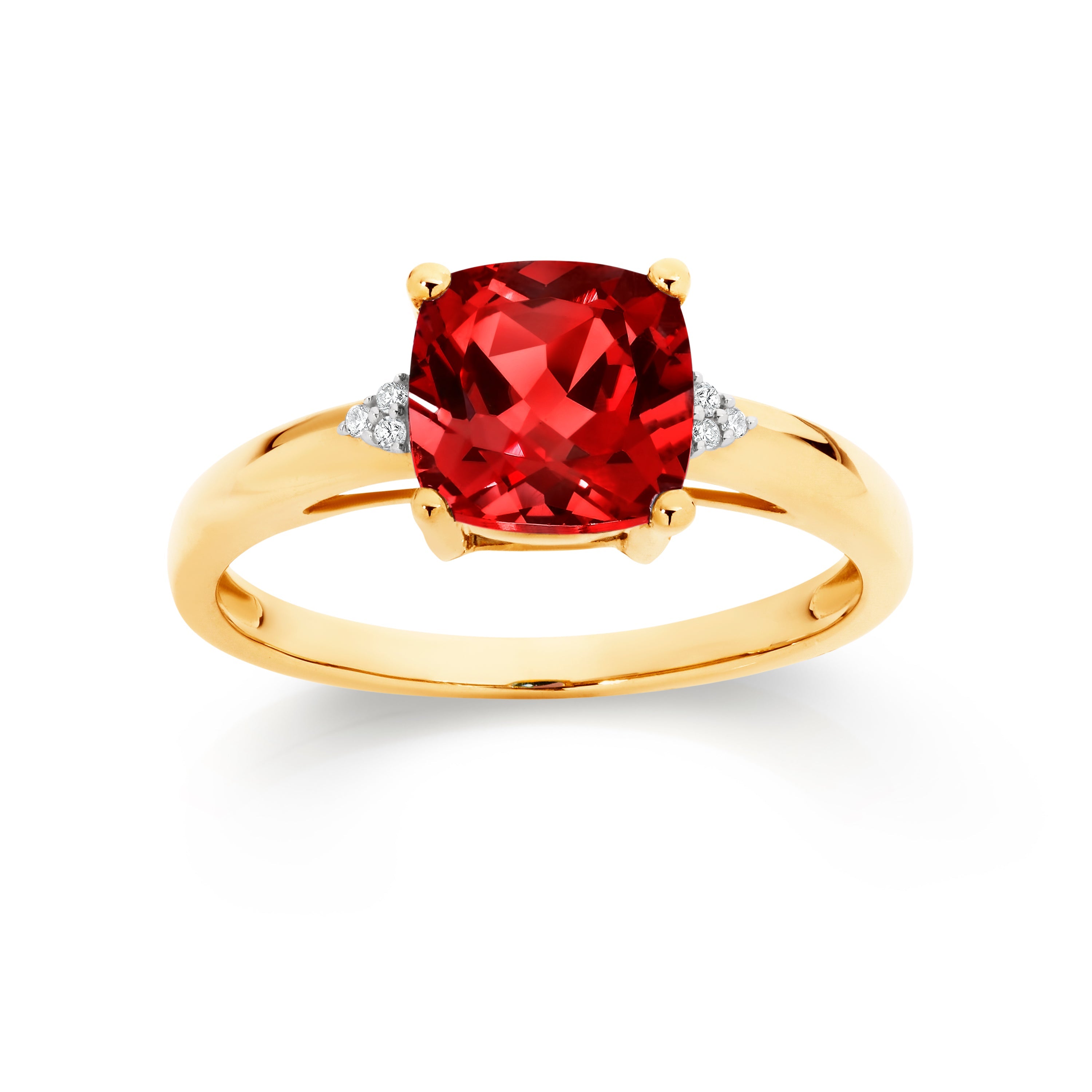 9ct gold created ruby & diamond cushion ring