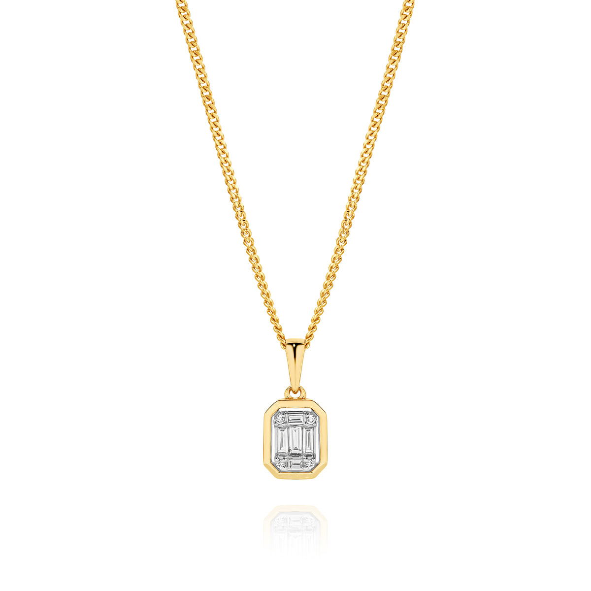 9ct Yellow Gold 0.15ct emerald shape diamond cluster bezel pendant