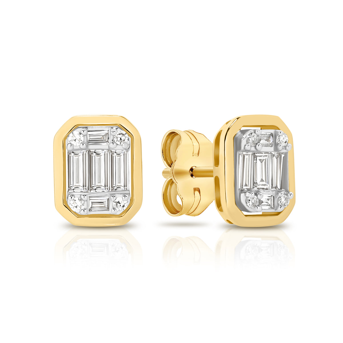 9ct Yellow Gold 0.25ct emerald shape diamond cluster bezel stud earrings