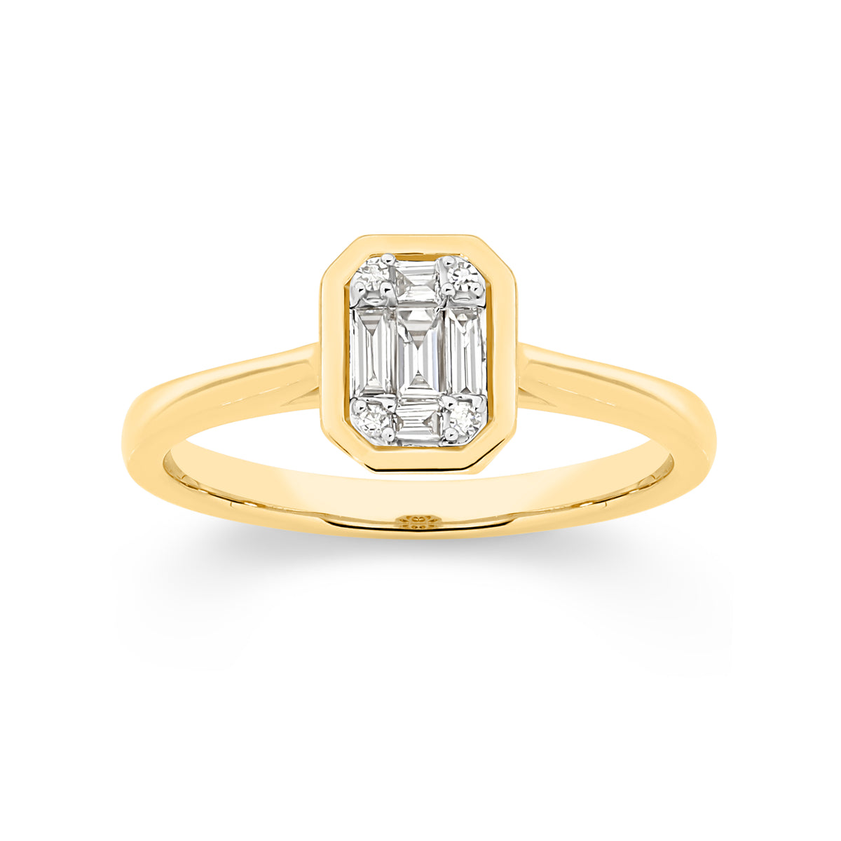 9ct yellow gold 0.15ct emerald shaped diamond cluster ring