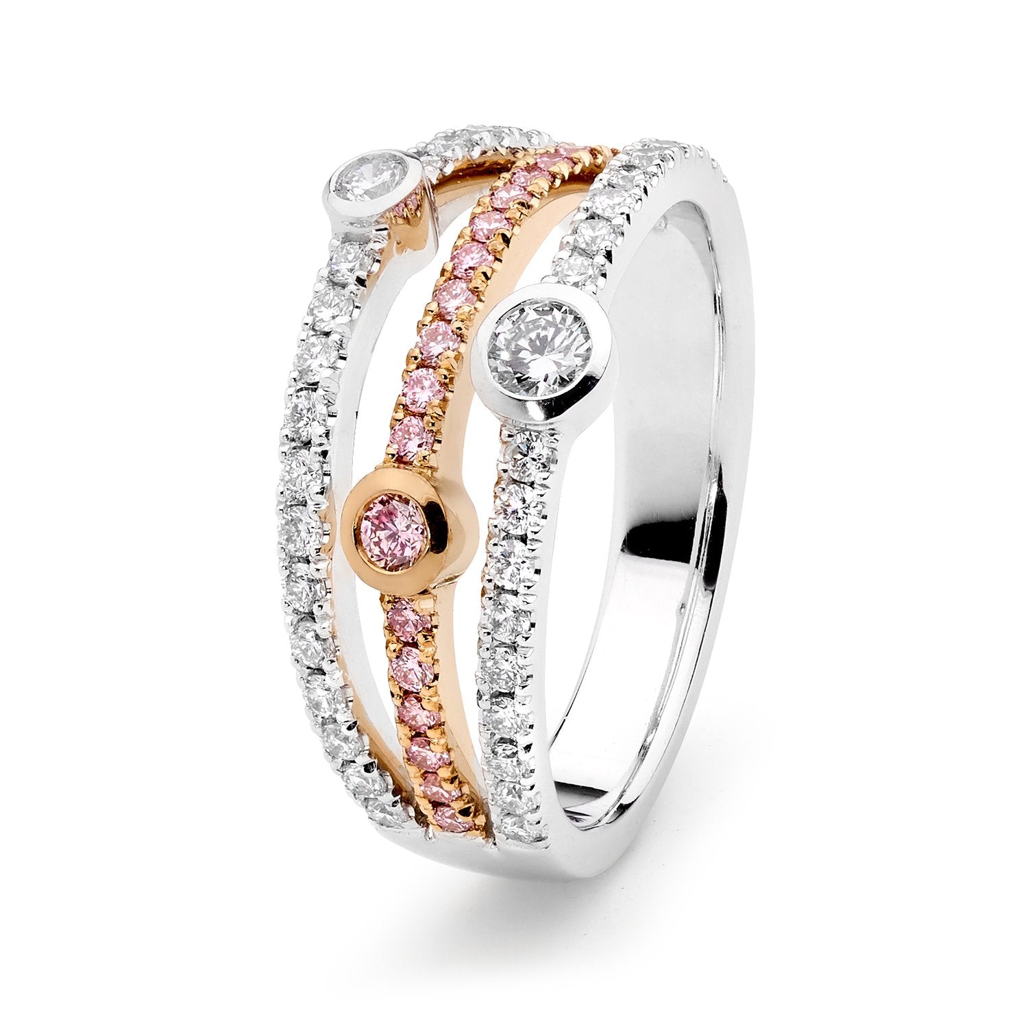 18ct white and rose gold 3 band bezel set pink diamond ring