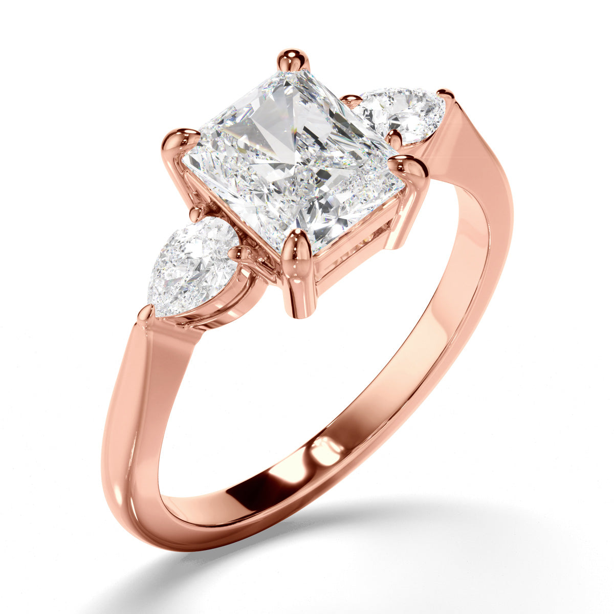 Radiant Cut Diamond Trilogy Engagement Ring with Pear Sides