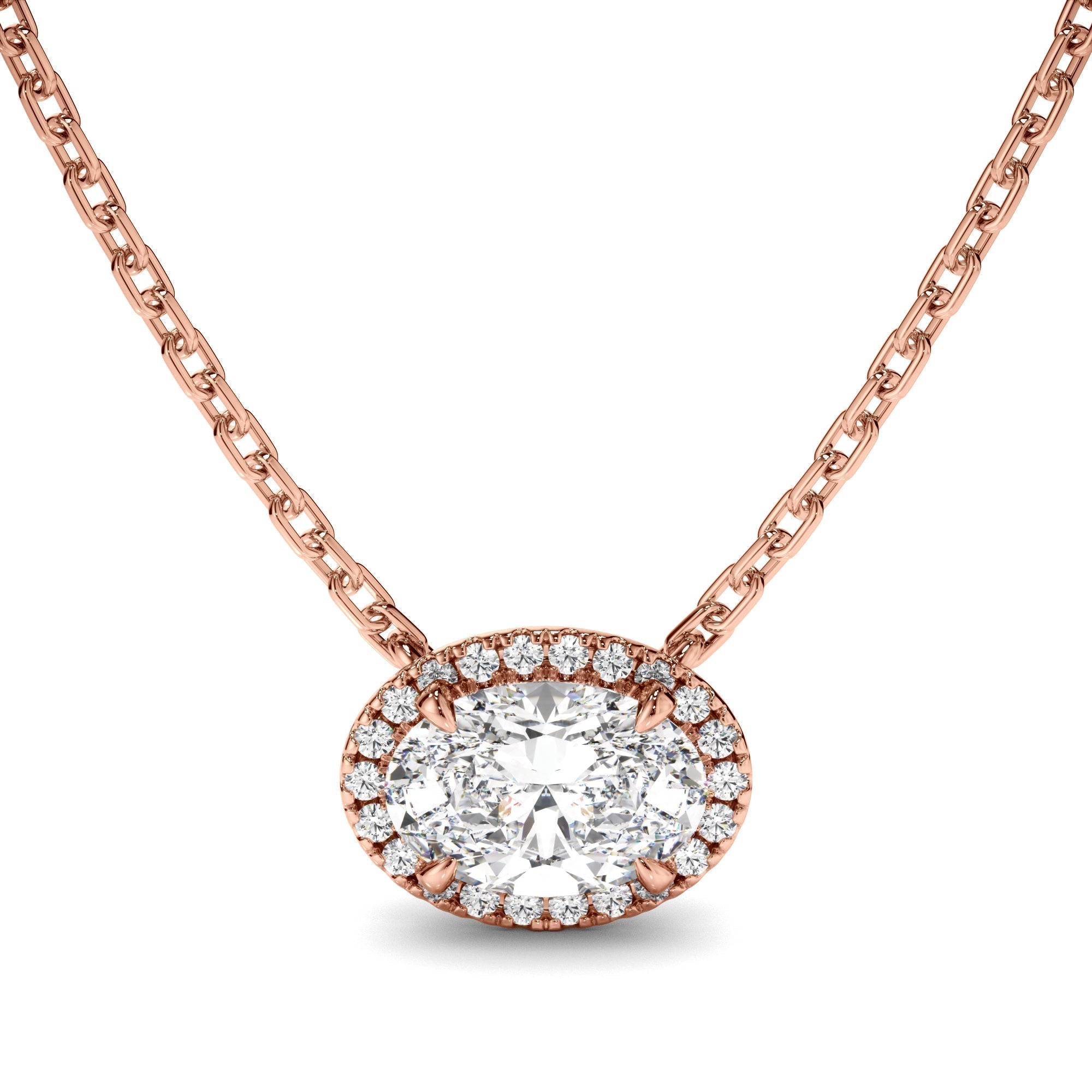 East West Oval Cut Diamond Halo Necklet