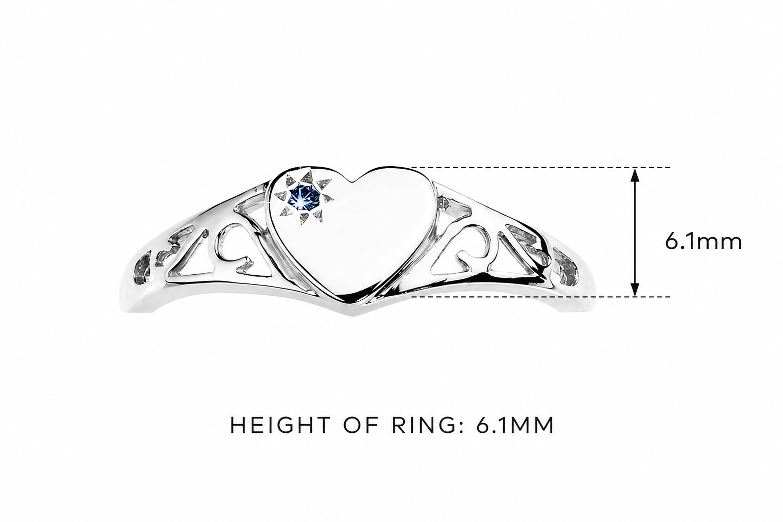 Sterling Silver heart signet ring with sapphire and filigree sides