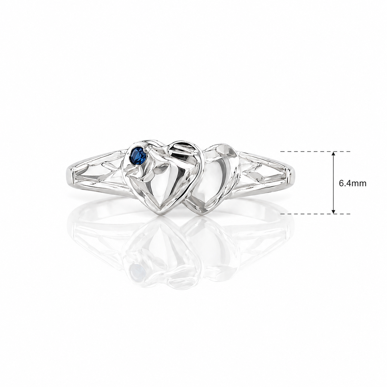 Sterling silver signet ring with a double heart design with a blue stone feature.