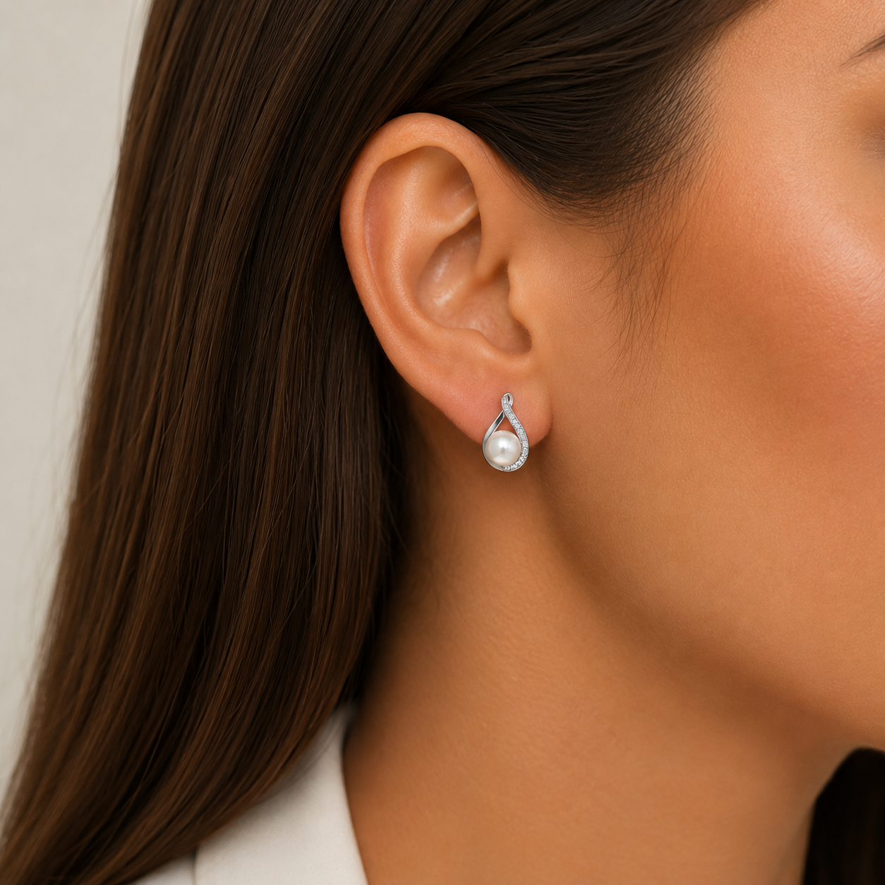 Sterling Silver Freshwater Pearl Cubic Zirconia Flame Stud Earrings