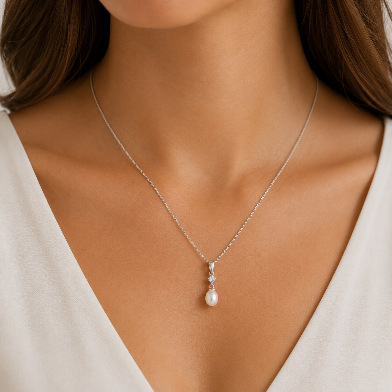 Sterling Silver Freshwater Pearl and Cubic Zirconia Pendant