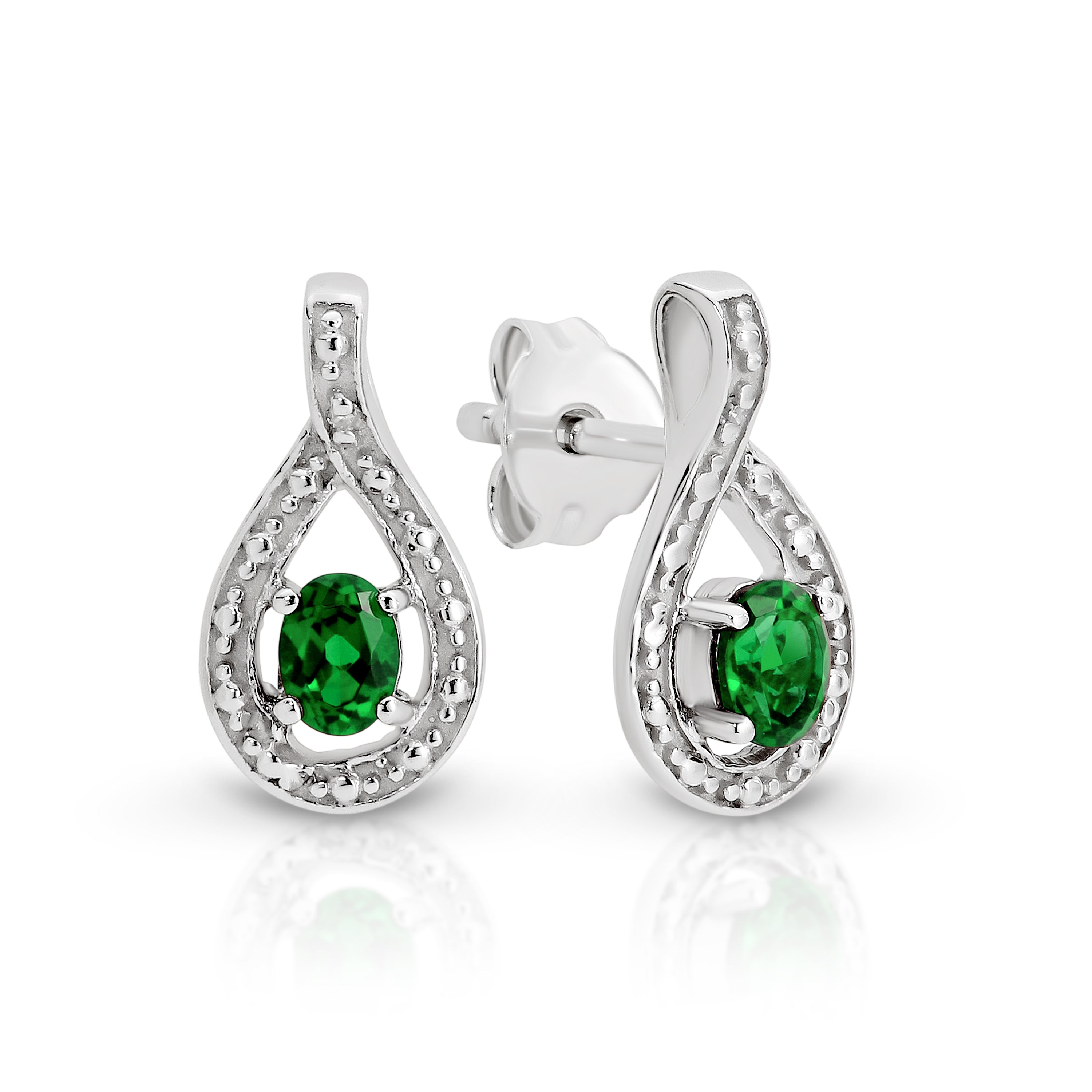 Sterling Silver created emerald & diamond teardrop stud earrings
