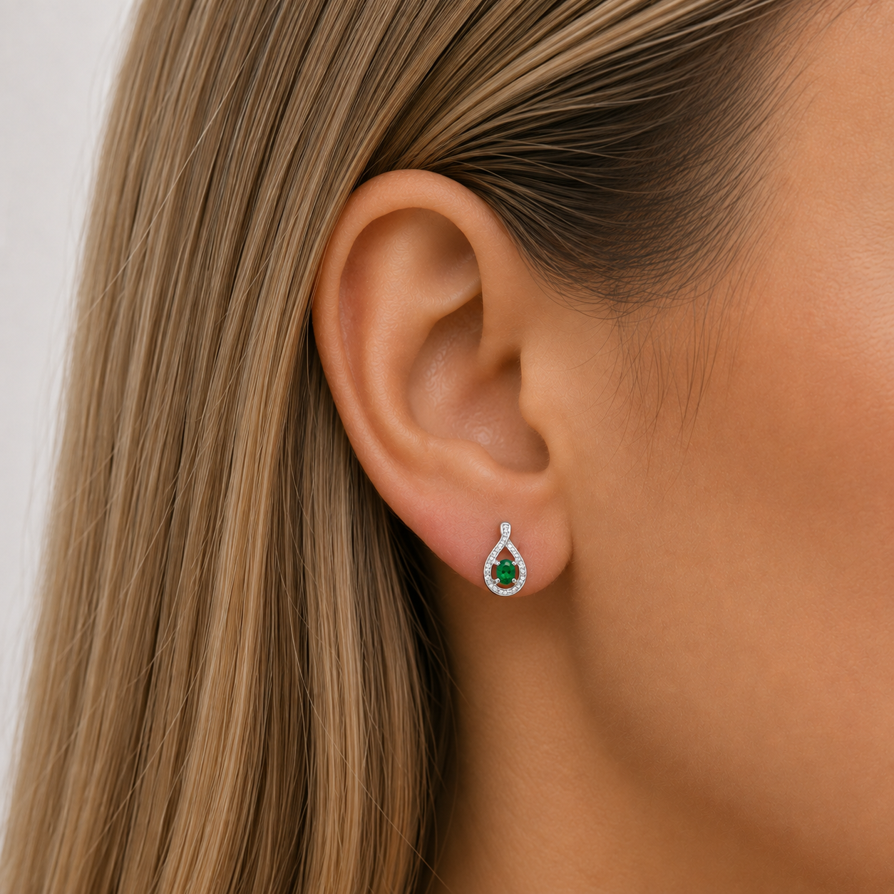 Sterling Silver created emerald & diamond teardrop stud earrings