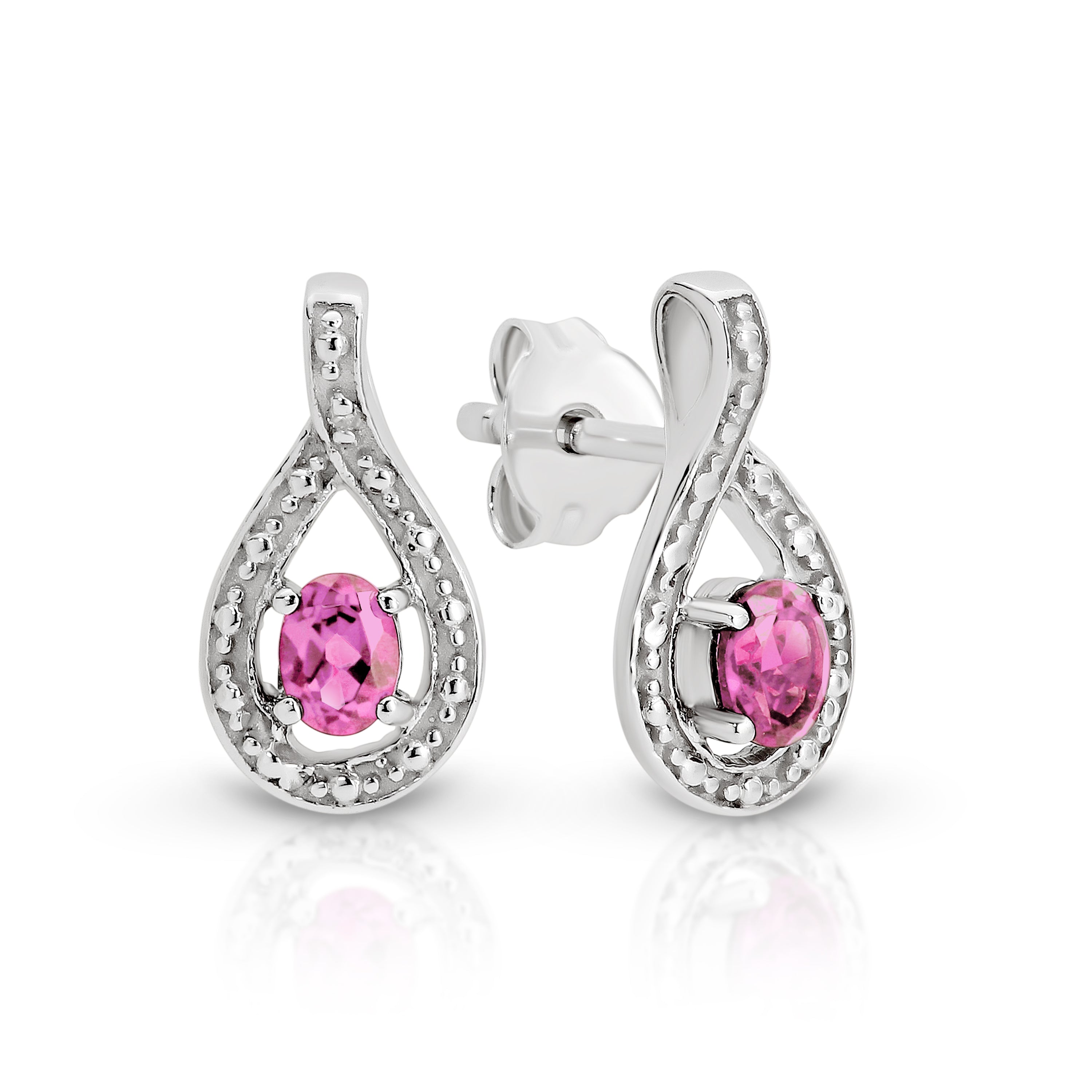 Sterling Silver created pink sapphire & diamond teardrop stud earrings