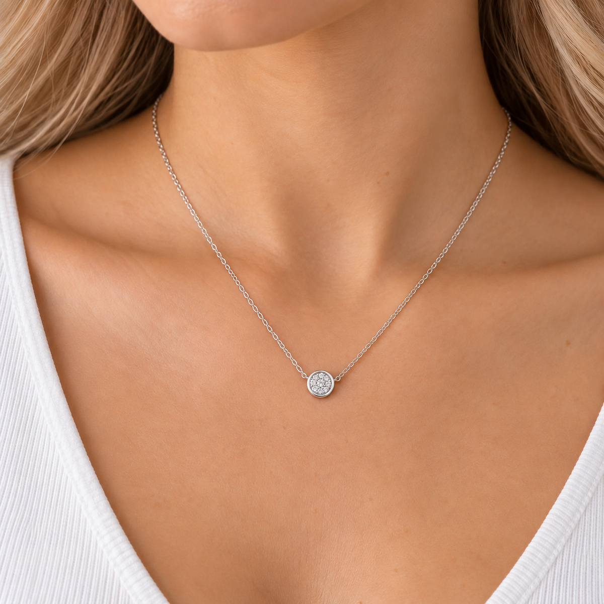 Sterling Silver cubic zirconia disc pendant on necklet