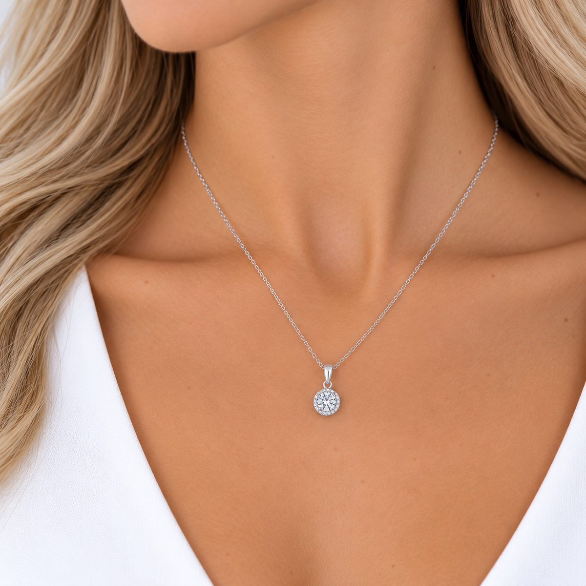 Sterling Silver cubic zirconia halo pendant on necklet