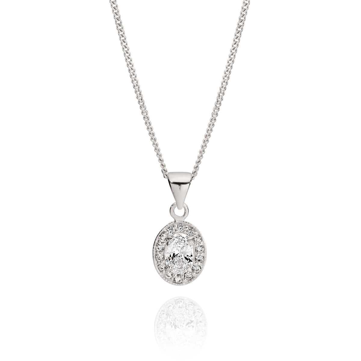 Sterling Silver cubic zirconia oval halo pendant