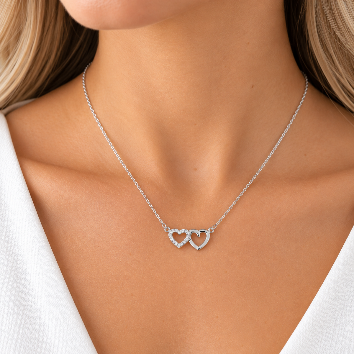Sterling Silver double heart cubic zirconia pendant on chain