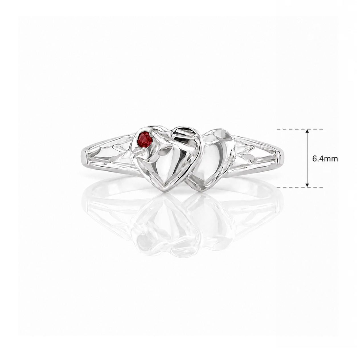 Sterling Silver double heart signet ring with red stone