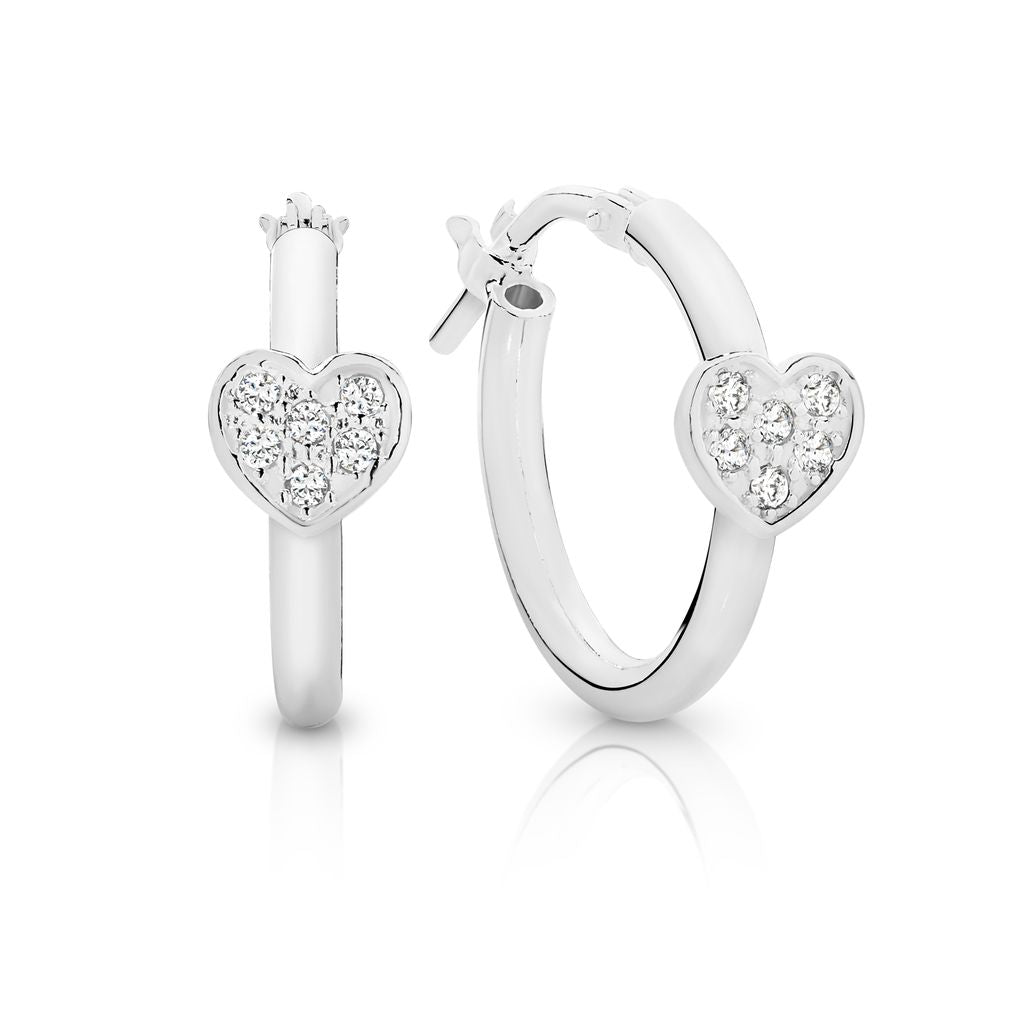 Sterling Silver polished hoops with cubic zirconia heart