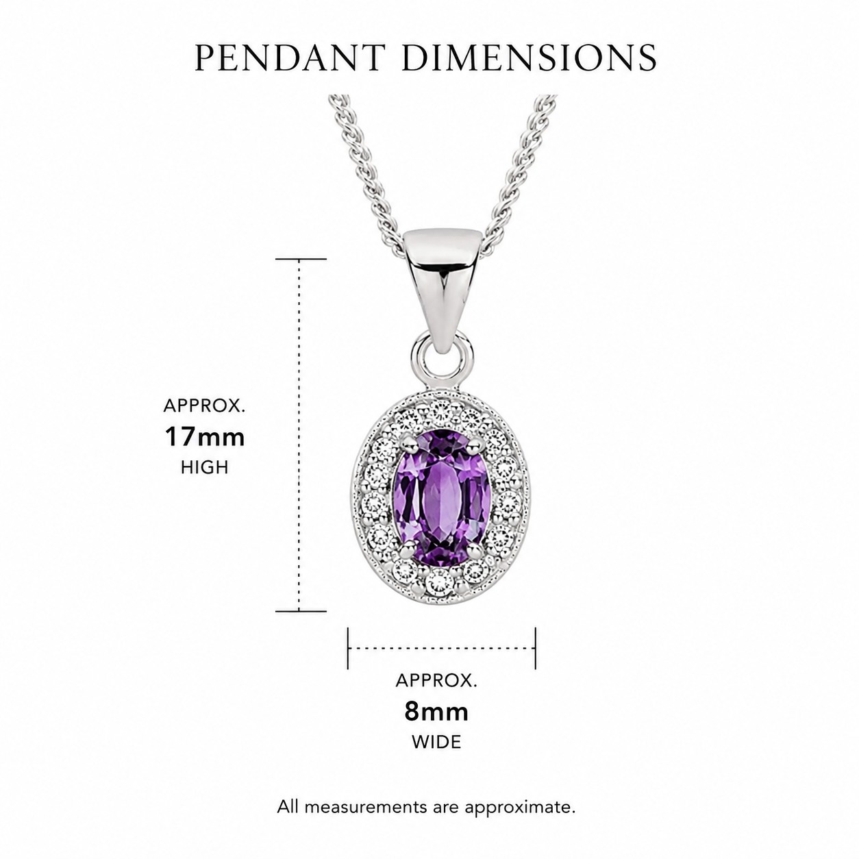 Sterling Silver purple cubic zirconia oval halo pendant with 45cm Chain