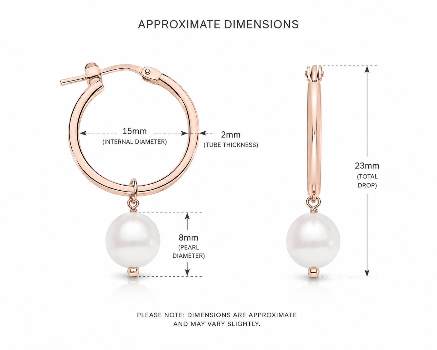 Sterling Silver rose gold plated pearl drop 15mm hoop earrings