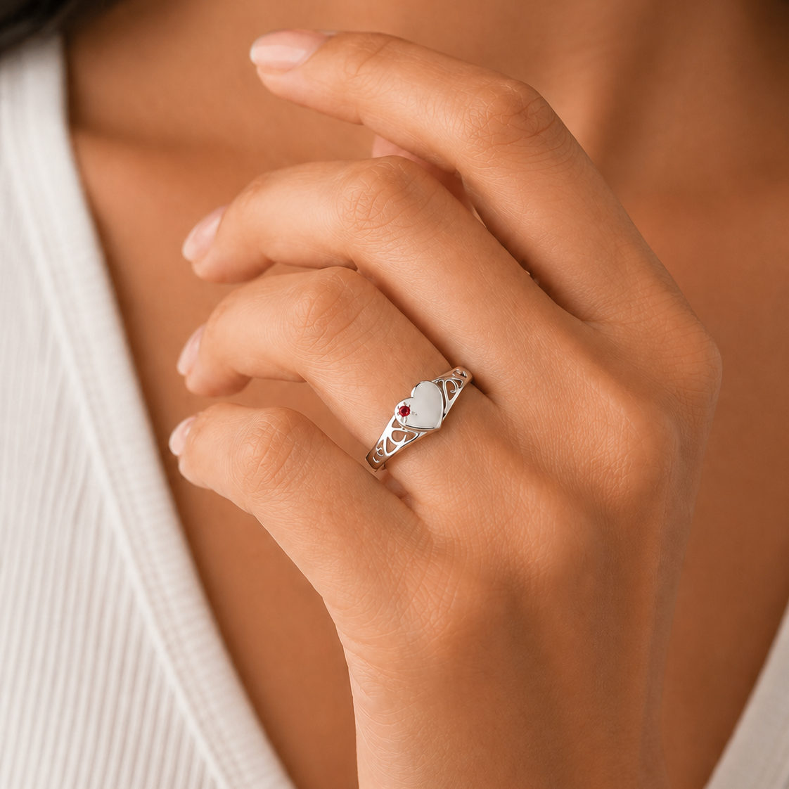 Sterling Silver ruby heart signet ring