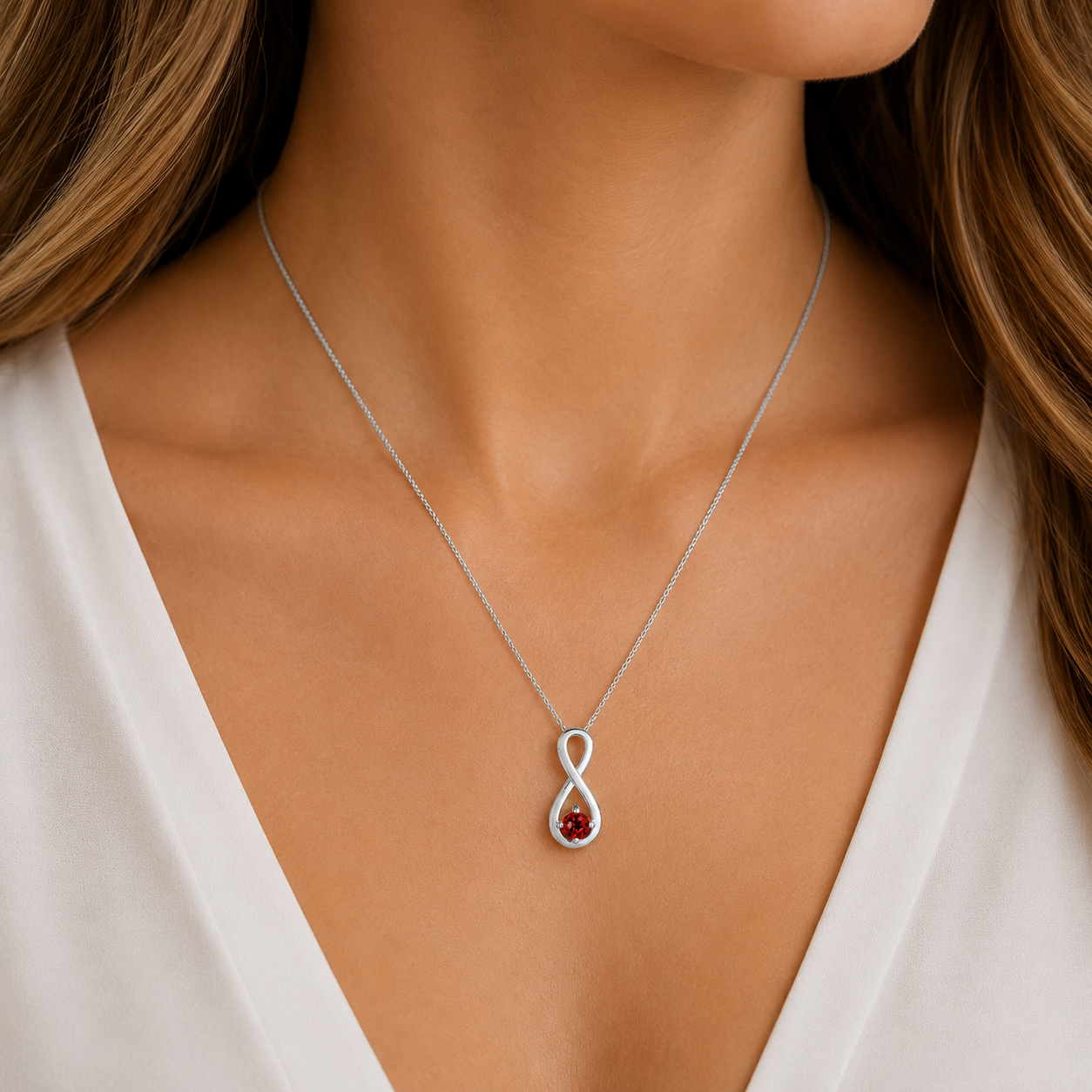 Sterling Silver ruby red cubic zirconia infinity pendant