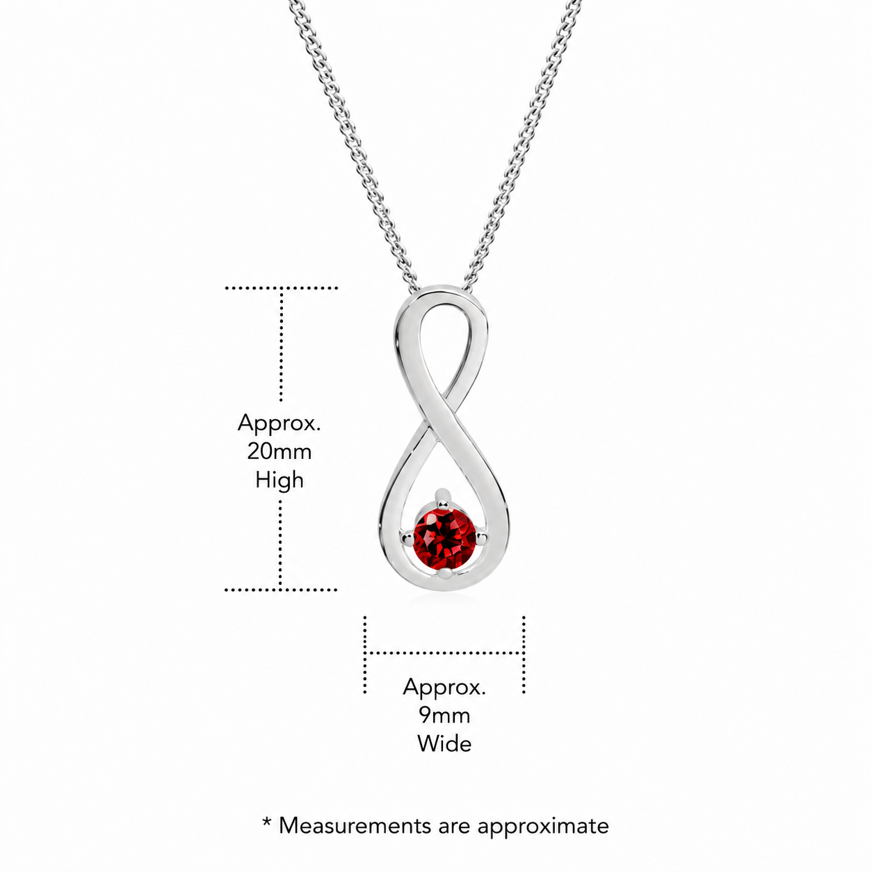 Sterling Silver ruby red cubic zirconia infinity pendant