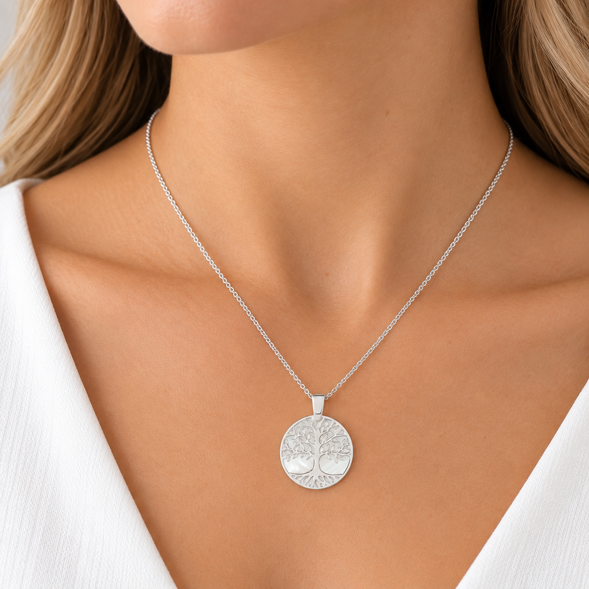 Sterling silver mother of pearl tree of life pendant on chain