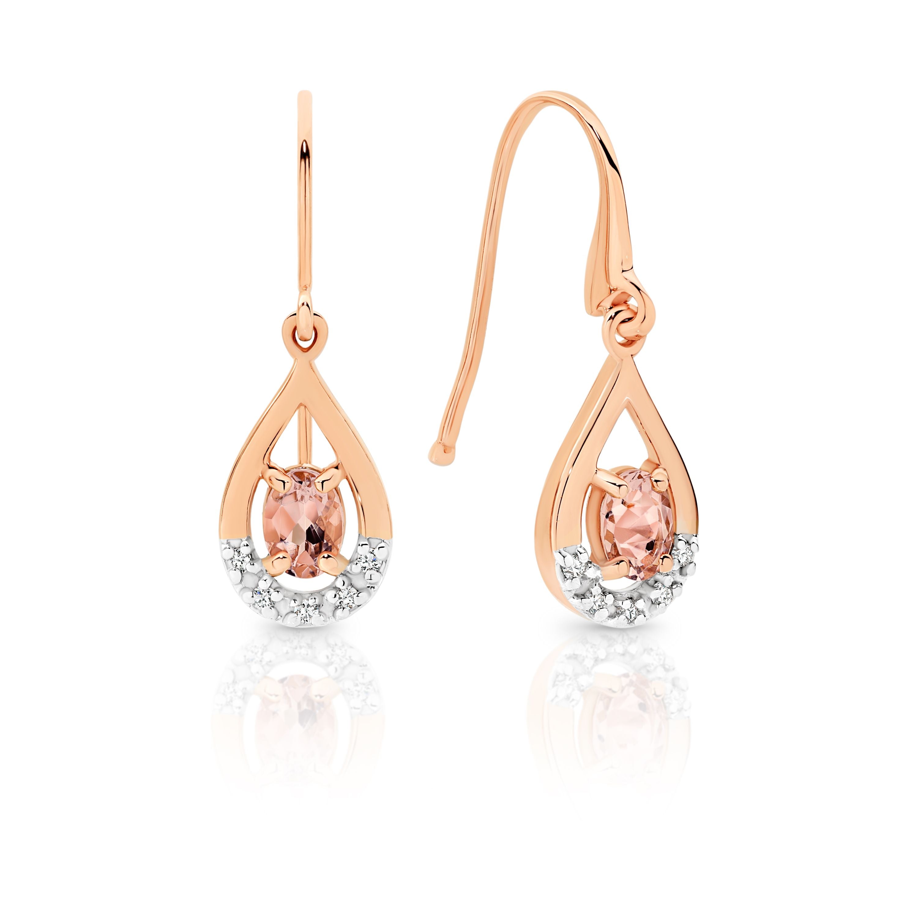 9ct Rose Gold Morganite and Diamond Shepard Hook Drop Earrings
