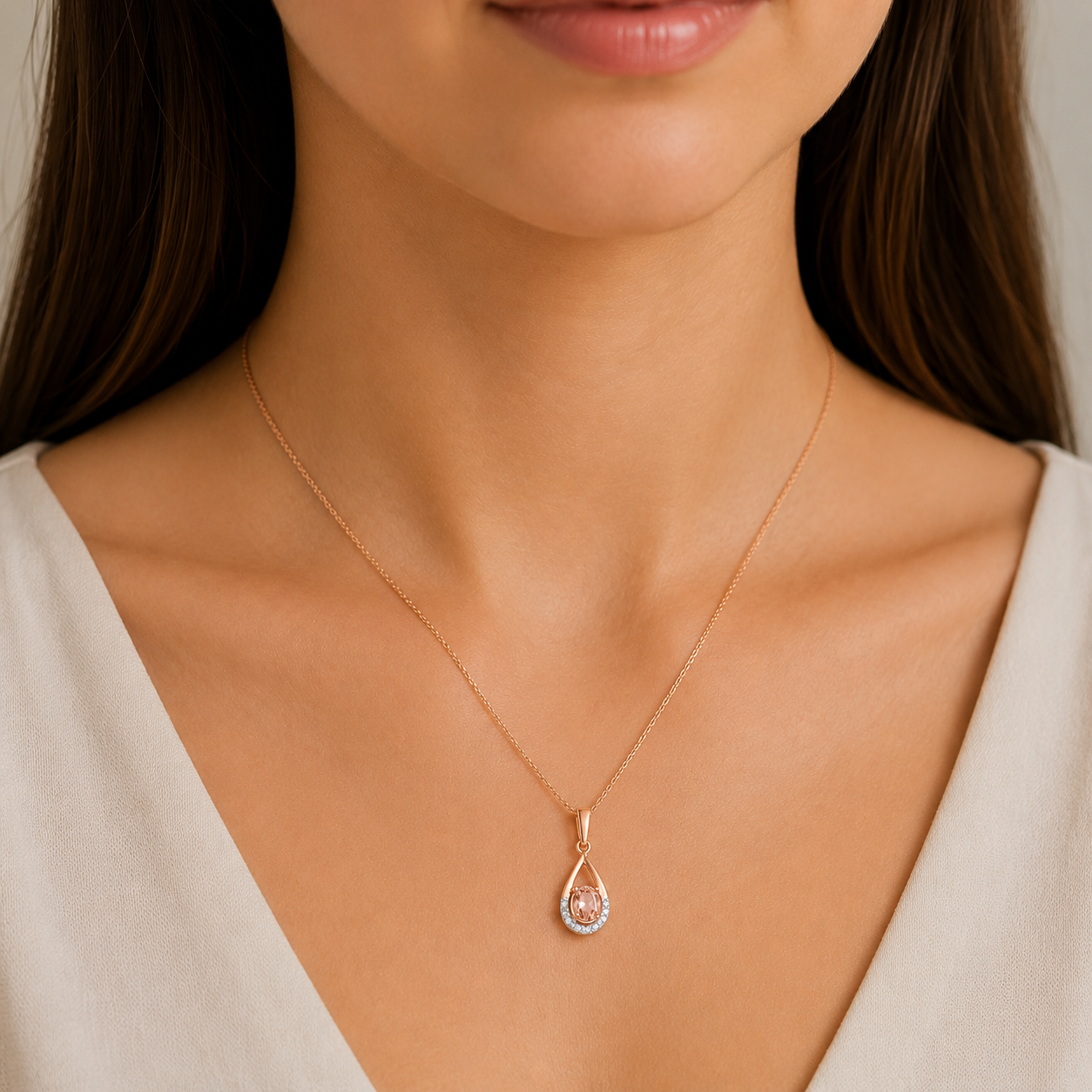 9ct Rose Gold Oval Morganite and Diamond Drop Pendant
