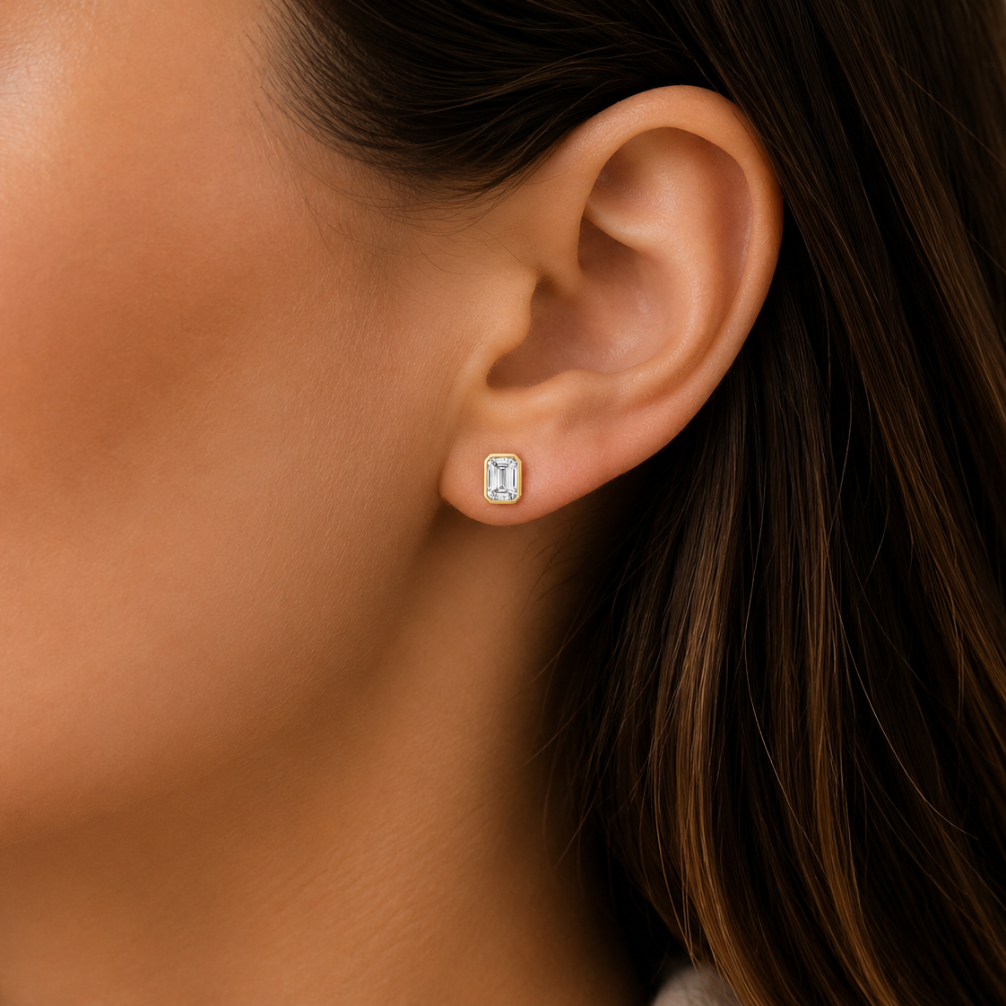 9ct Yellow Gold 1.00ct Emearld Cut Lab Diamond Bezel Set Studs