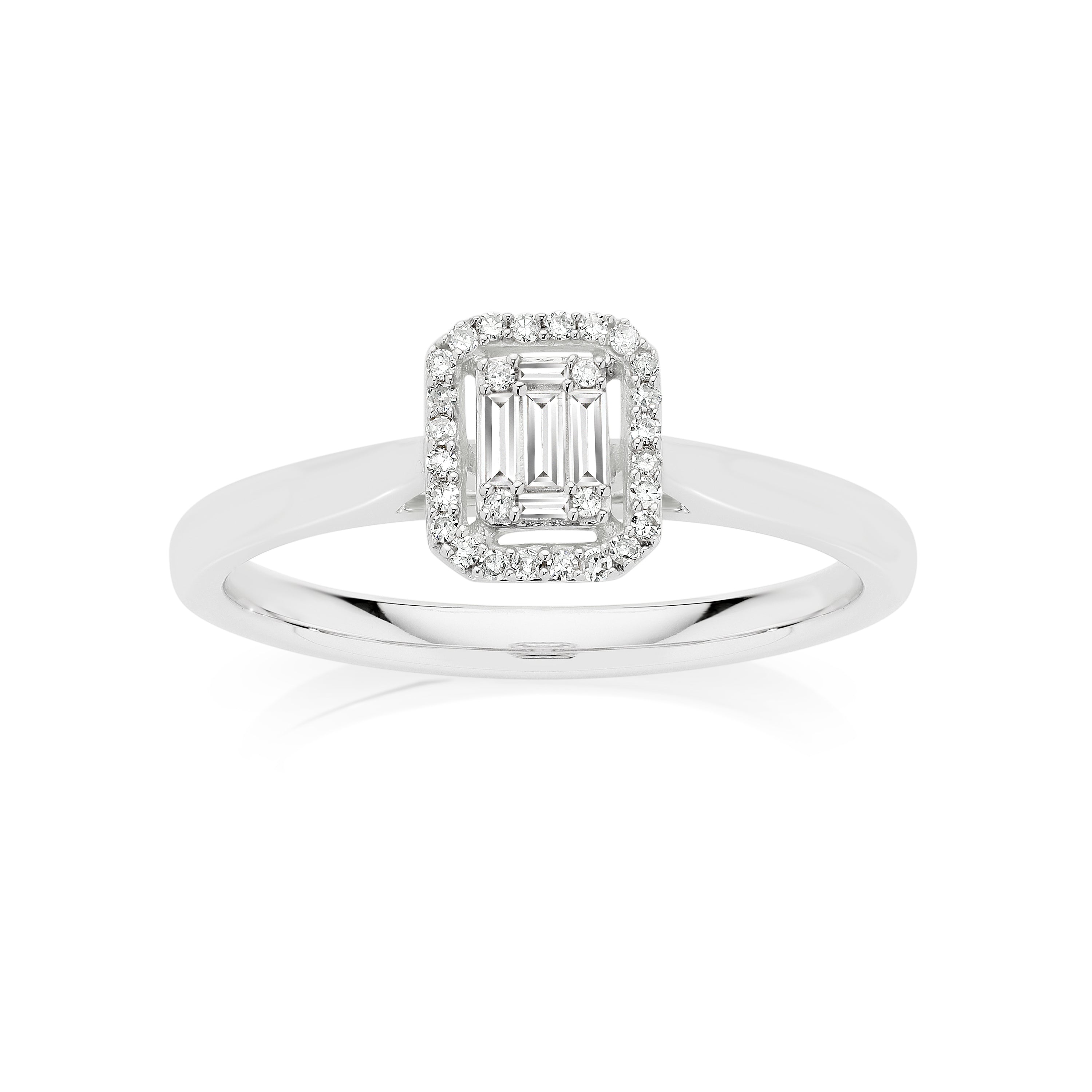 9ct white gold 0.18ct diamond baguette and round cluster with halo ring