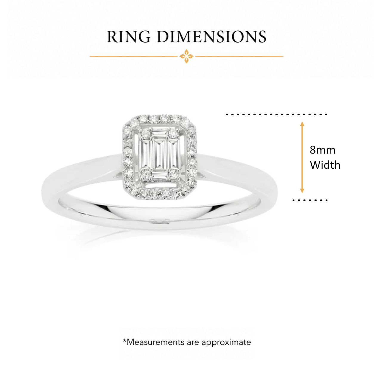 9ct white gold 0.18ct diamond baguette and round cluster with halo ring